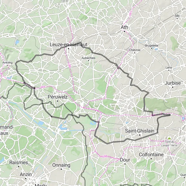 Karten-Miniaturansicht der Radinspiration "Rundtour ab Ghlin über 93 km" in Prov. Hainaut, Belgium. Erstellt vom Tarmacs.app-Routenplaner für Radtouren
