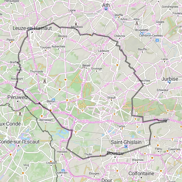 Miniature de la carte de l'inspiration cycliste "Excursion à Leuze-en-Hainaut et Moulbaix" dans la Prov. Hainaut, Belgium. Générée par le planificateur d'itinéraire cycliste Tarmacs.app