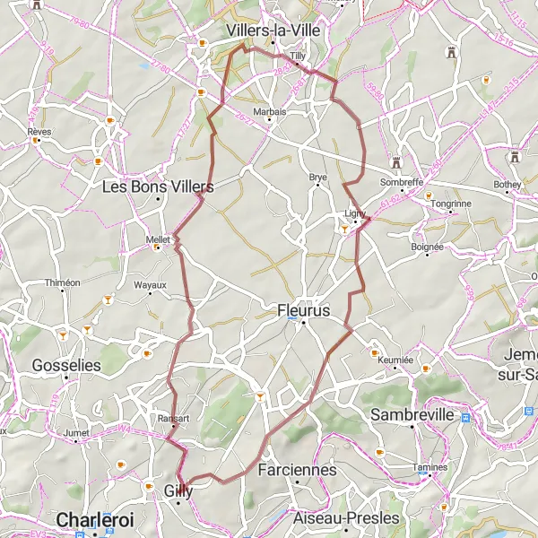 Miniatuurkaart van de fietsinspiratie "Gilly-Marbisoux-Ligny Route" in Prov. Hainaut, Belgium. Gemaakt door de Tarmacs.app fietsrouteplanner