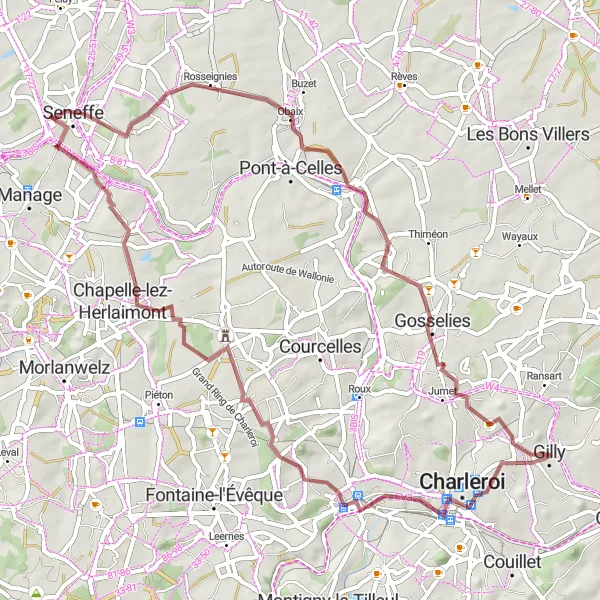 Karten-Miniaturansicht der Radinspiration "Rundfahrt von Gilly nach Lodelinsart" in Prov. Hainaut, Belgium. Erstellt vom Tarmacs.app-Routenplaner für Radtouren
