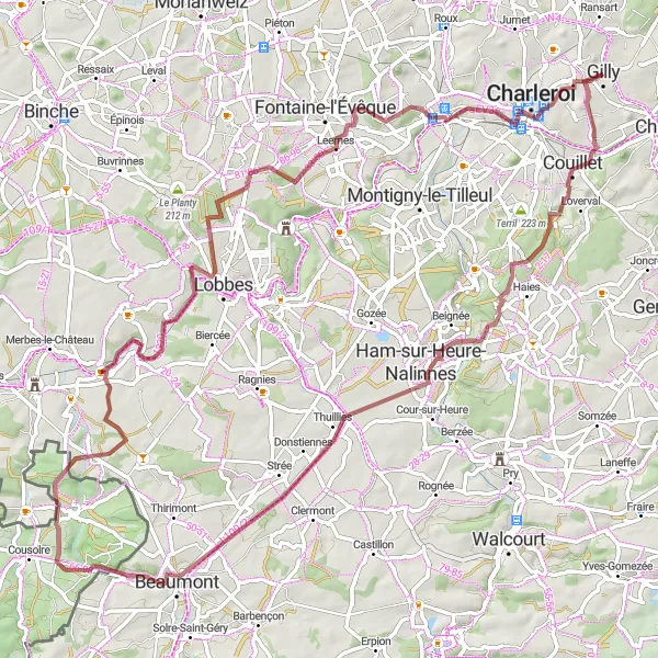 Map miniature of "Challenging gravel route via Montignies-sur-Sambre, Château d'Ham-sur-Heure, Leval-Chaudeville, Labuissière, Leernes, Terril Blanchisserie, and Gilly" cycling inspiration in Prov. Hainaut, Belgium. Generated by Tarmacs.app cycling route planner