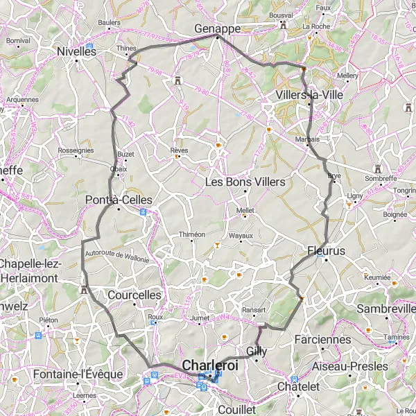 Miniature de la carte de l'inspiration cycliste "Boucle de Gilly et villages pittoresques" dans la Prov. Hainaut, Belgium. Générée par le planificateur d'itinéraire cycliste Tarmacs.app