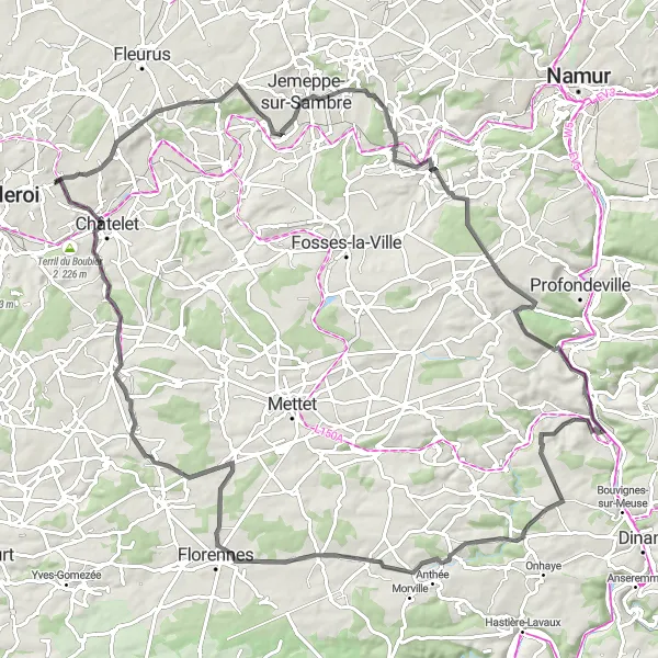 Miniatuurkaart van de fietsinspiratie "Gilly-Flavion-Hanzinelle Route" in Prov. Hainaut, Belgium. Gemaakt door de Tarmacs.app fietsrouteplanner