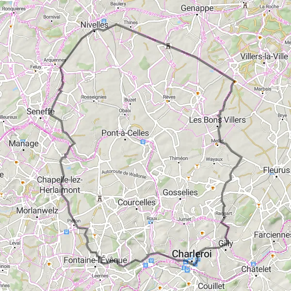 Map miniature of "Scenic road route through Gilly, Terril Blanchisserie, Chapelle-lez-Herlaimont, Nivelles, Quatre-Bras de Baisy-Thy, Villers-Perwin, Heppignies, and Château Mondron" cycling inspiration in Prov. Hainaut, Belgium. Generated by Tarmacs.app cycling route planner