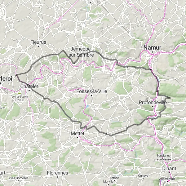 Map miniature of "Challenging road route via Moustier-sur-Sambre, Tailfer, Point de Vue des Sept Meuses, Graux, Sart-Eustache, and Châtelineau" cycling inspiration in Prov. Hainaut, Belgium. Generated by Tarmacs.app cycling route planner
