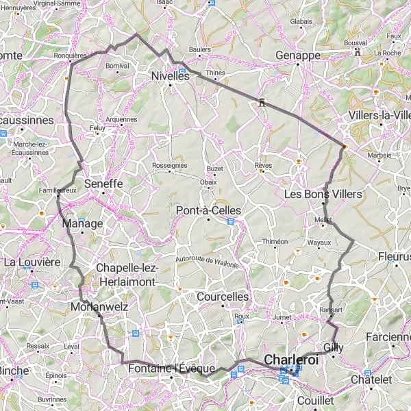 Map miniature of "Scenic road route passing through Terril Blanchisserie, Terril Calvaire 2, Carnières, Familleureux, Plan incliné de Ronquières, Quatre-Bras de Baisy-Thy, Villers-Perwin, and Ransart" cycling inspiration in Prov. Hainaut, Belgium. Generated by Tarmacs.app cycling route planner