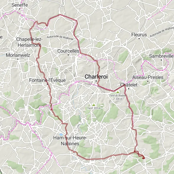 Miniature de la carte de l'inspiration cycliste "Les Chemins de Gravel autour de Godarville" dans la Prov. Hainaut, Belgium. Générée par le planificateur d'itinéraire cycliste Tarmacs.app