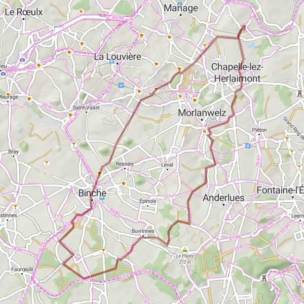 Map miniature of "Gravel Ride to Discover Godarville" cycling inspiration in Prov. Hainaut, Belgium. Generated by Tarmacs.app cycling route planner