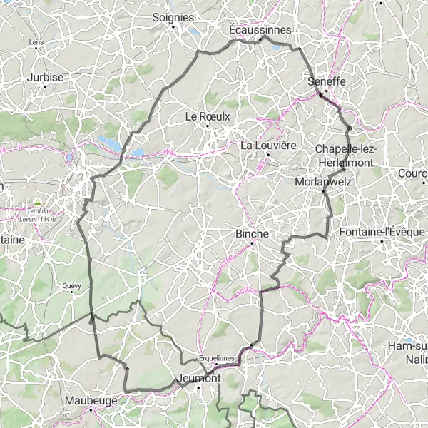 Map miniature of "Godarville Rural Road Cycling" cycling inspiration in Prov. Hainaut, Belgium. Generated by Tarmacs.app cycling route planner