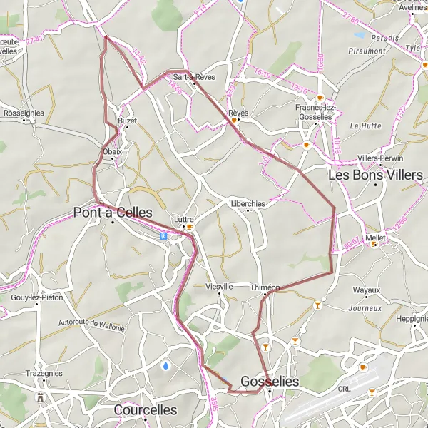 Karten-Miniaturansicht der Radinspiration "Rundweg von Gosselies nach Thiméon" in Prov. Hainaut, Belgium. Erstellt vom Tarmacs.app-Routenplaner für Radtouren