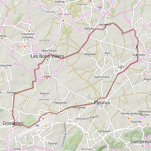 Miniatuurkaart van de fietsinspiratie "Korte gravelroute vanuit Gosselies" in Prov. Hainaut, Belgium. Gemaakt door de Tarmacs.app fietsrouteplanner