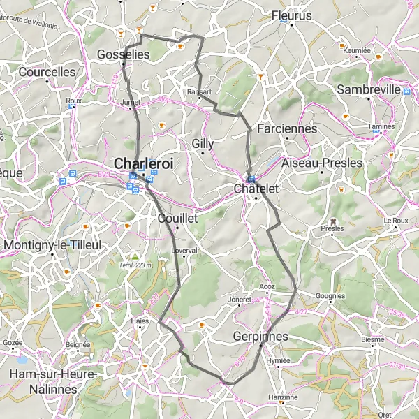 Karten-Miniaturansicht der Radinspiration "Kurzstrecke von Gosselies nach Charleroi" in Prov. Hainaut, Belgium. Erstellt vom Tarmacs.app-Routenplaner für Radtouren