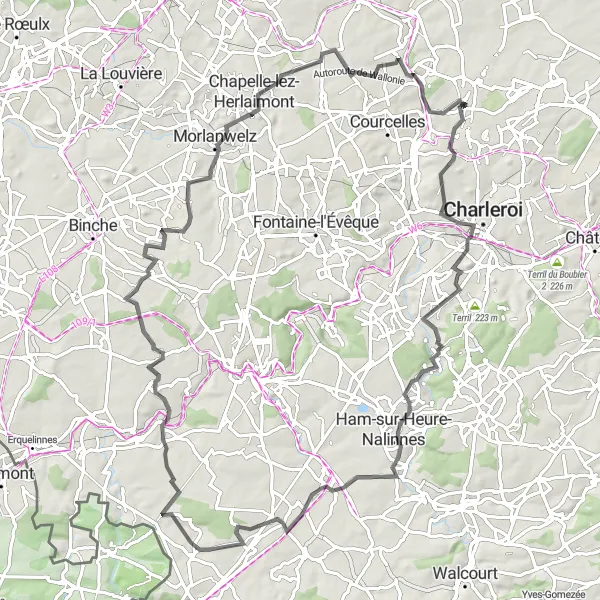 Karten-Miniaturansicht der Radinspiration "Rundtour von Gosselies nach Mont-Sainte-Aldegonde" in Prov. Hainaut, Belgium. Erstellt vom Tarmacs.app-Routenplaner für Radtouren