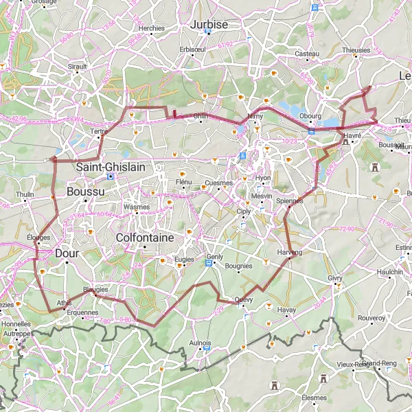 Karten-Miniaturansicht der Radinspiration "Gravel-Abenteuer rund um Gottignies" in Prov. Hainaut, Belgium. Erstellt vom Tarmacs.app-Routenplaner für Radtouren