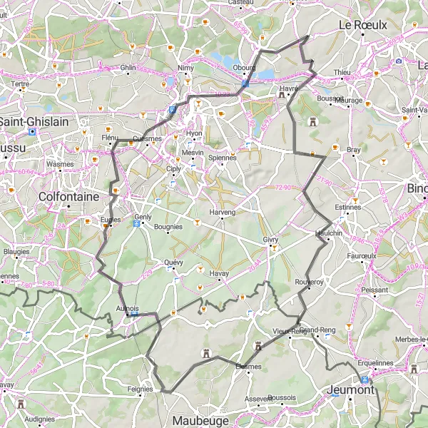 Map miniature of "Take a Road Cycling Journey through Mons and Saint-Denis" cycling inspiration in Prov. Hainaut, Belgium. Generated by Tarmacs.app cycling route planner