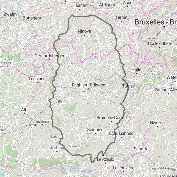 Miniatuurkaart van de fietsinspiratie "Rondrit van Gottignies naar Lennik" in Prov. Hainaut, Belgium. Gemaakt door de Tarmacs.app fietsrouteplanner
