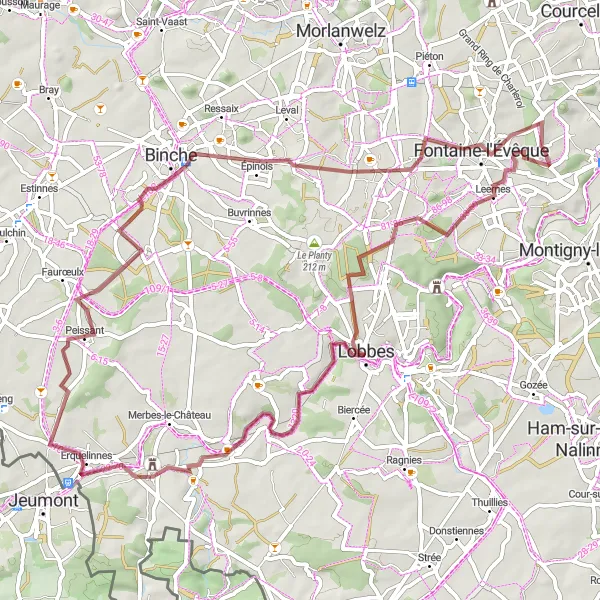 Karten-Miniaturansicht der Radinspiration "Graveltour entlang Leernes und Anderlues" in Prov. Hainaut, Belgium. Erstellt vom Tarmacs.app-Routenplaner für Radtouren