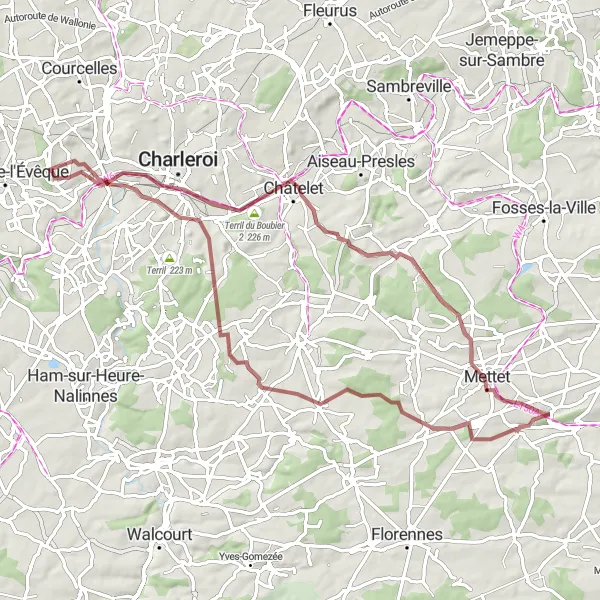 Map miniature of "Goutroux to Loverval Gravel Cycling Route" cycling inspiration in Prov. Hainaut, Belgium. Generated by Tarmacs.app cycling route planner