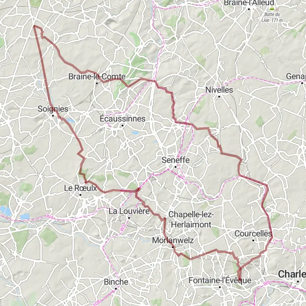 Map miniature of "Goutroux to Terril du Martinet Gravel Cycling Route" cycling inspiration in Prov. Hainaut, Belgium. Generated by Tarmacs.app cycling route planner