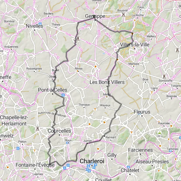 Miniature de la carte de l'inspiration cycliste "Parcours à vélo de 71 km près de Goutroux" dans la Prov. Hainaut, Belgium. Générée par le planificateur d'itinéraire cycliste Tarmacs.app
