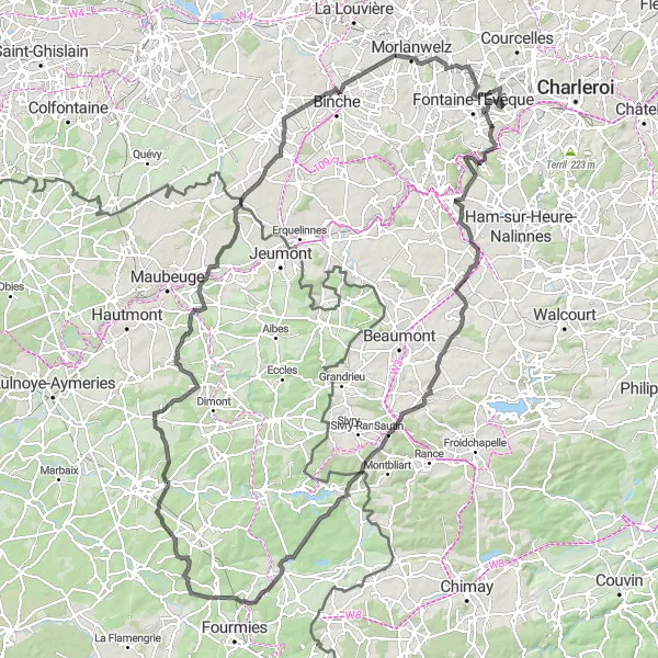 Karten-Miniaturansicht der Radinspiration "Rundweg von Goutroux nach Aulne" in Prov. Hainaut, Belgium. Erstellt vom Tarmacs.app-Routenplaner für Radtouren