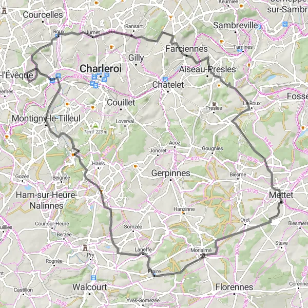 Karten-Miniaturansicht der Radinspiration "Radtour durch Roux und Montigny-le-Tilleul" in Prov. Hainaut, Belgium. Erstellt vom Tarmacs.app-Routenplaner für Radtouren