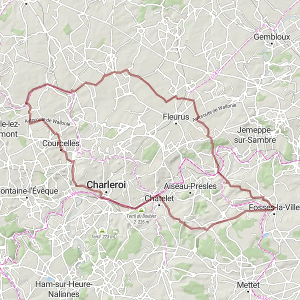 Miniature de la carte de l'inspiration cycliste "Circuit de Gravel de Gouy-lez-Piéton via Luttre et Tamines" dans la Prov. Hainaut, Belgium. Générée par le planificateur d'itinéraire cycliste Tarmacs.app