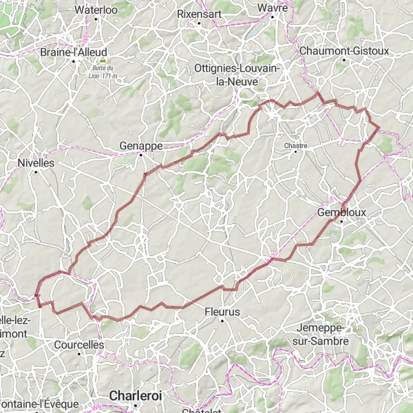 Miniature de la carte de l'inspiration cycliste "Boucle des éoliennes de Gouy-lez-Piéton" dans la Prov. Hainaut, Belgium. Générée par le planificateur d'itinéraire cycliste Tarmacs.app