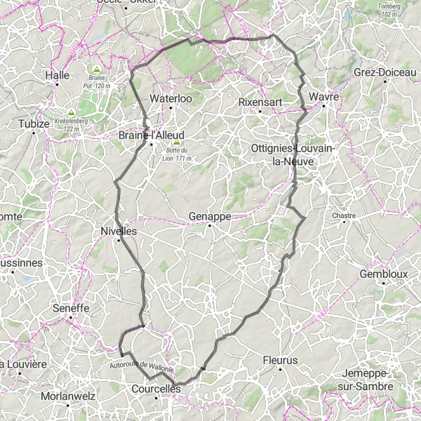 Map miniature of "Road Route from Gouy-lez-Piéton" cycling inspiration in Prov. Hainaut, Belgium. Generated by Tarmacs.app cycling route planner