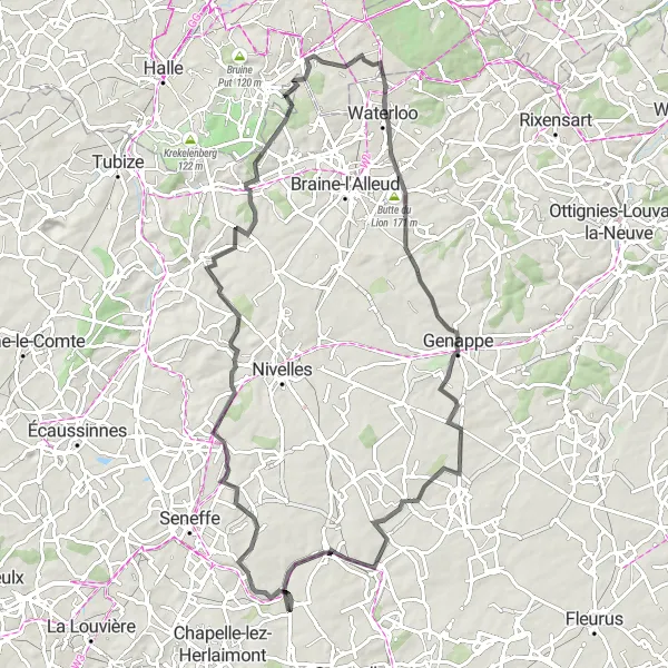 Miniature de la carte de l'inspiration cycliste "Escapade champêtre de Gouy-lez-Piéton à Waterloo" dans la Prov. Hainaut, Belgium. Générée par le planificateur d'itinéraire cycliste Tarmacs.app