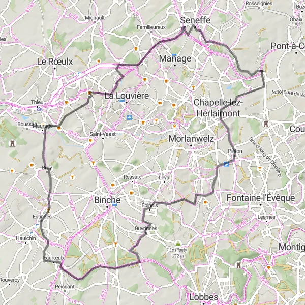 Karten-Miniaturansicht der Radinspiration "Rund um Gouy-lez-Piéton" in Prov. Hainaut, Belgium. Erstellt vom Tarmacs.app-Routenplaner für Radtouren