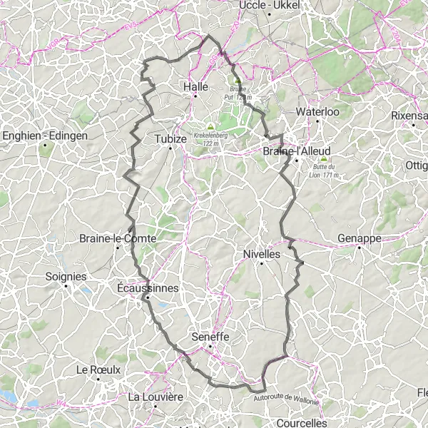Karten-Miniaturansicht der Radinspiration "Abenteuerliche Tour um Gouy-lez-Piéton" in Prov. Hainaut, Belgium. Erstellt vom Tarmacs.app-Routenplaner für Radtouren