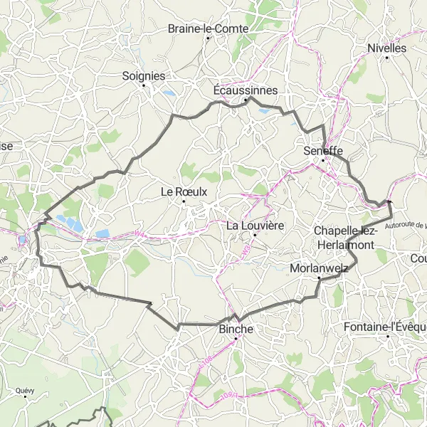 Map miniature of "Road Route from Gouy-lez-Piéton" cycling inspiration in Prov. Hainaut, Belgium. Generated by Tarmacs.app cycling route planner