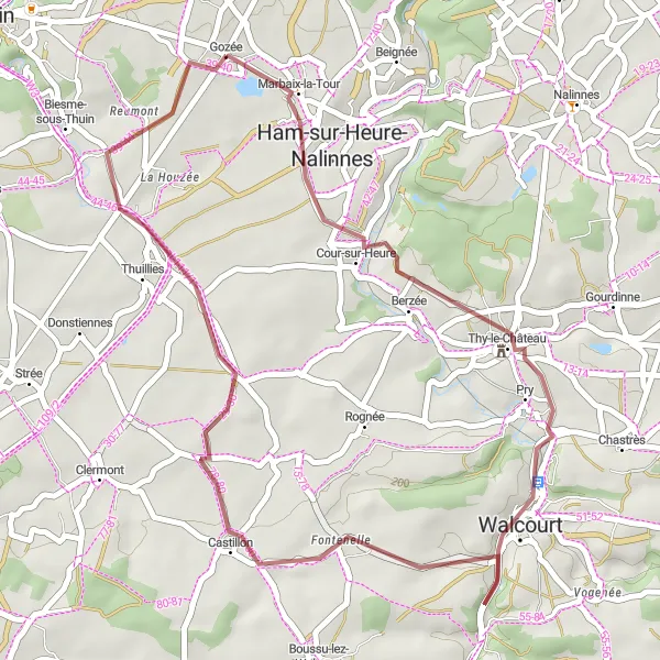 Miniatuurkaart van de fietsinspiratie "Gravelroute rond Gozée" in Prov. Hainaut, Belgium. Gemaakt door de Tarmacs.app fietsrouteplanner