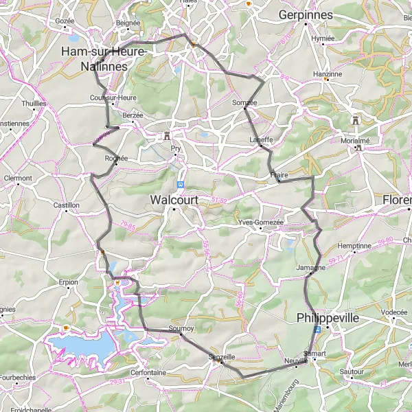 Karten-Miniaturansicht der Radinspiration "Rundfahrt von Gozée nach Fontenelle" in Prov. Hainaut, Belgium. Erstellt vom Tarmacs.app-Routenplaner für Radtouren