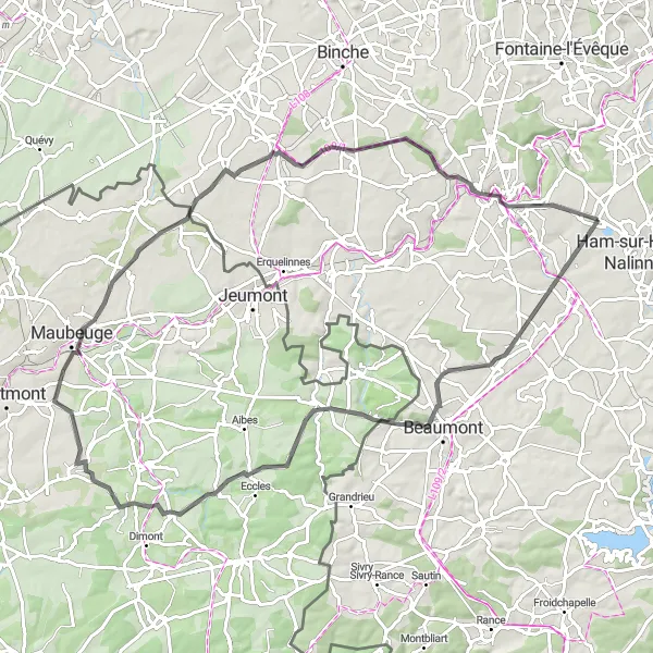 Karten-Miniaturansicht der Radinspiration "Rund um Gozée über Leval-Chaudeville und Beffroi" in Prov. Hainaut, Belgium. Erstellt vom Tarmacs.app-Routenplaner für Radtouren