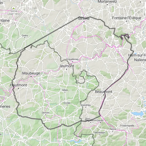 Map miniature of "Thuillies and Beyond" cycling inspiration in Prov. Hainaut, Belgium. Generated by Tarmacs.app cycling route planner