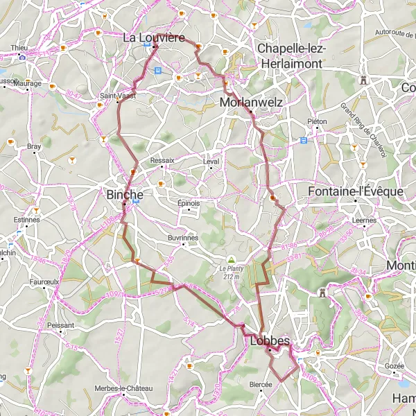 Karten-Miniaturansicht der Radinspiration "Gravelroute durch Binche und Lobbes" in Prov. Hainaut, Belgium. Erstellt vom Tarmacs.app-Routenplaner für Radtouren