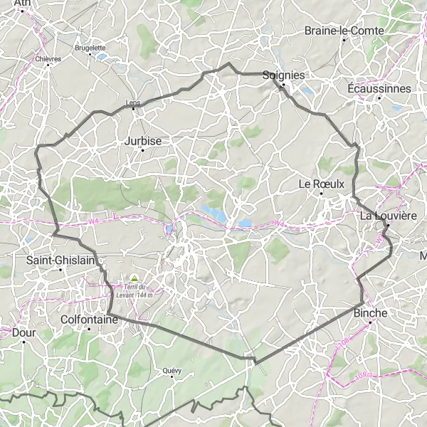 Miniatuurkaart van de fietsinspiratie "Rondrit vanaf Haine-Saint-Paul via Mont de la Justice" in Prov. Hainaut, Belgium. Gemaakt door de Tarmacs.app fietsrouteplanner