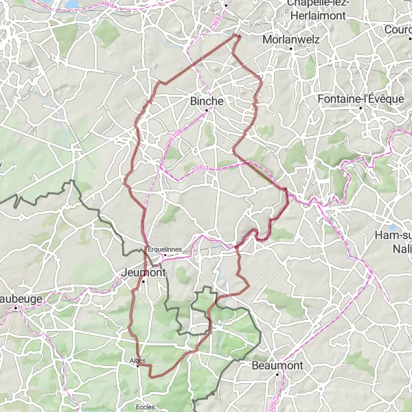 Karten-Miniaturansicht der Radinspiration "Abenteuerliche Graveltour um Haine-Saint-Pierre" in Prov. Hainaut, Belgium. Erstellt vom Tarmacs.app-Routenplaner für Radtouren