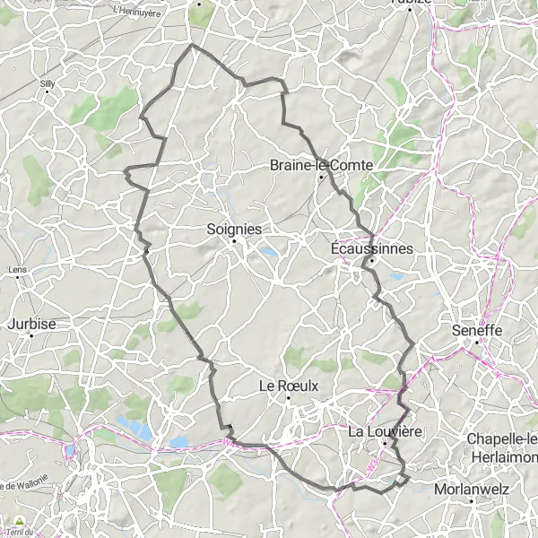 Karten-Miniaturansicht der Radinspiration "Rundfahrradroute Haine-Saint-Pierre nach Terril d'Houssu 2" in Prov. Hainaut, Belgium. Erstellt vom Tarmacs.app-Routenplaner für Radtouren