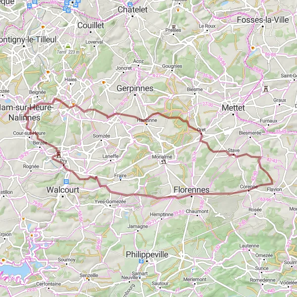 Karten-Miniaturansicht der Radinspiration "Gravel-Abenteuer durch Ham-sur-Heure" in Prov. Hainaut, Belgium. Erstellt vom Tarmacs.app-Routenplaner für Radtouren