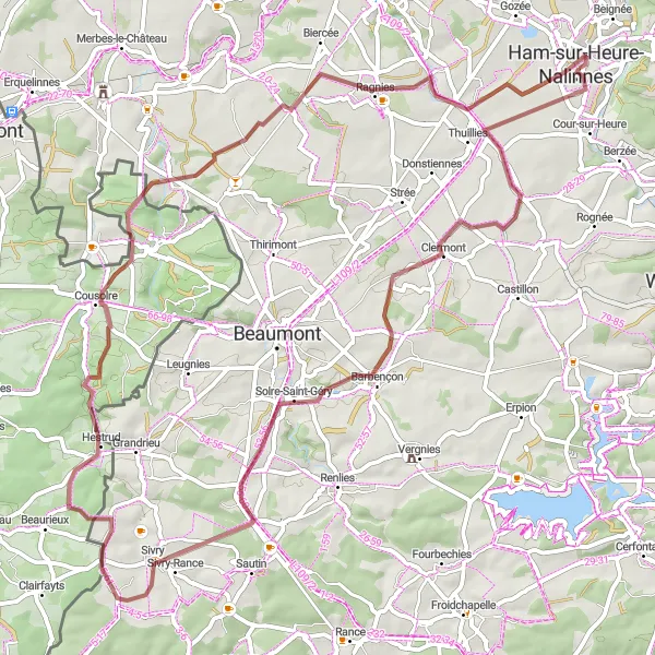 Miniatuurkaart van de fietsinspiratie "Gravel Route van Ham-sur-Heure naar Clermont" in Prov. Hainaut, Belgium. Gemaakt door de Tarmacs.app fietsrouteplanner