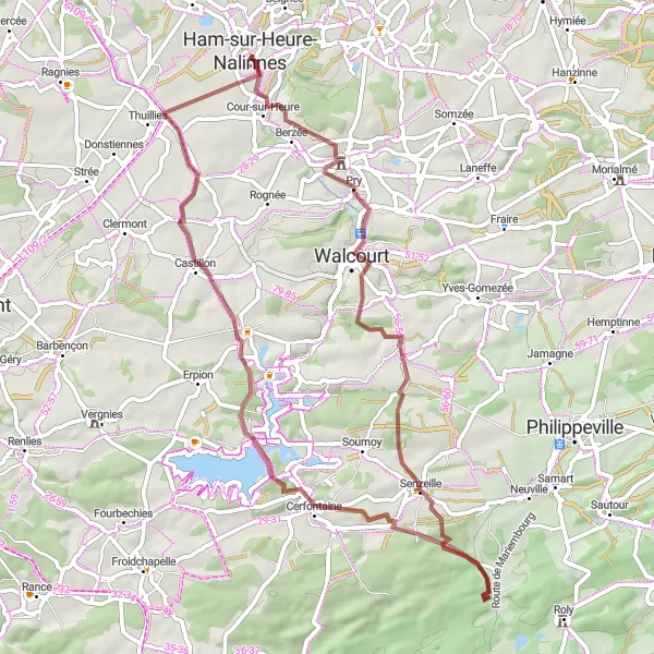 Map miniature of "The Gravel Escape" cycling inspiration in Prov. Hainaut, Belgium. Generated by Tarmacs.app cycling route planner