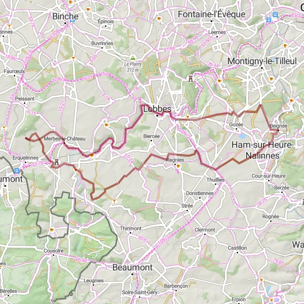 Miniatuurkaart van de fietsinspiratie "Gravel Route van Ham-sur-Heure" in Prov. Hainaut, Belgium. Gemaakt door de Tarmacs.app fietsrouteplanner