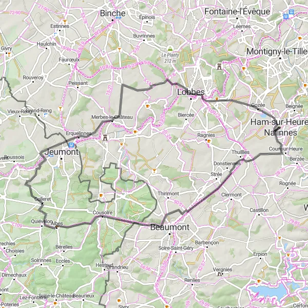 Miniature de la carte de l'inspiration cycliste "La Route des Collines de Hainaut" dans la Prov. Hainaut, Belgium. Générée par le planificateur d'itinéraire cycliste Tarmacs.app