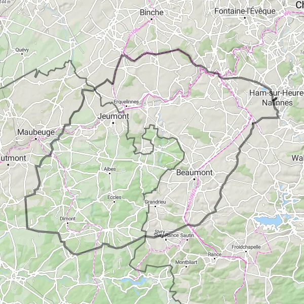Map miniature of "Historical Hill Towns" cycling inspiration in Prov. Hainaut, Belgium. Generated by Tarmacs.app cycling route planner