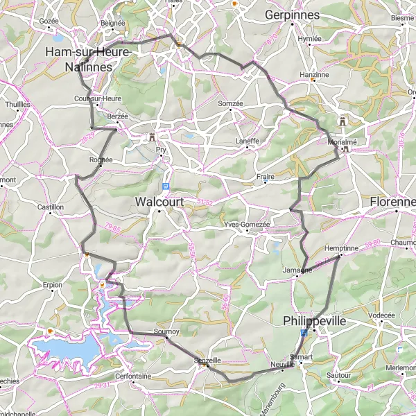 Karten-Miniaturansicht der Radinspiration "Rundfahrt von Ham-sur-Heure nach Fontenelle" in Prov. Hainaut, Belgium. Erstellt vom Tarmacs.app-Routenplaner für Radtouren