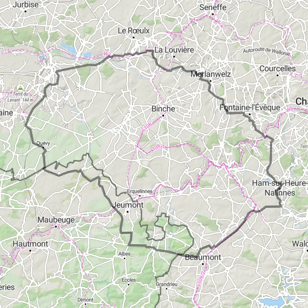 Karten-Miniaturansicht der Radinspiration "Rundfahrt von Ham-sur-Heure nach Leernes" in Prov. Hainaut, Belgium. Erstellt vom Tarmacs.app-Routenplaner für Radtouren