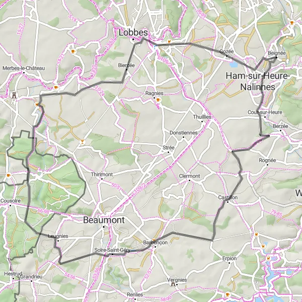 Miniatuurkaart van de fietsinspiratie "Heuvelachtige Route door Hainaut" in Prov. Hainaut, Belgium. Gemaakt door de Tarmacs.app fietsrouteplanner